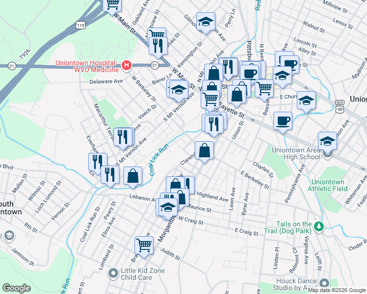 map of restaurants, bars, coffee shops, grocery stores, and more near 144 Mill St in Uniontown