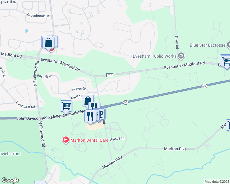 map of restaurants, bars, coffee shops, grocery stores, and more near 2603 Delancey Way in Evesham