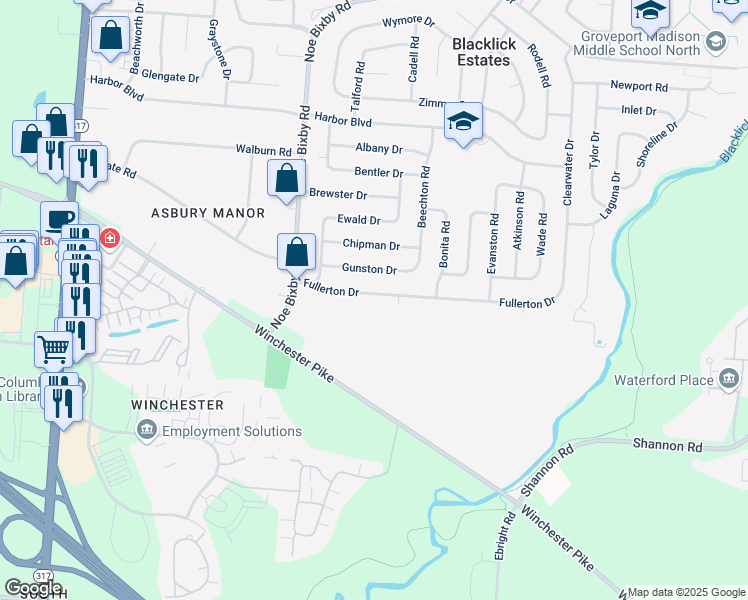 map of restaurants, bars, coffee shops, grocery stores, and more near 5091 Fullerton Drive in Columbus