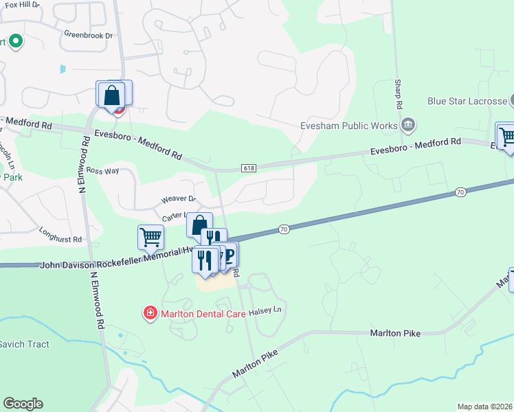 map of restaurants, bars, coffee shops, grocery stores, and more near 2603 Delancey Way in Evesham