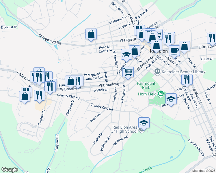 map of restaurants, bars, coffee shops, grocery stores, and more near 530 West Broadway in Red Lion