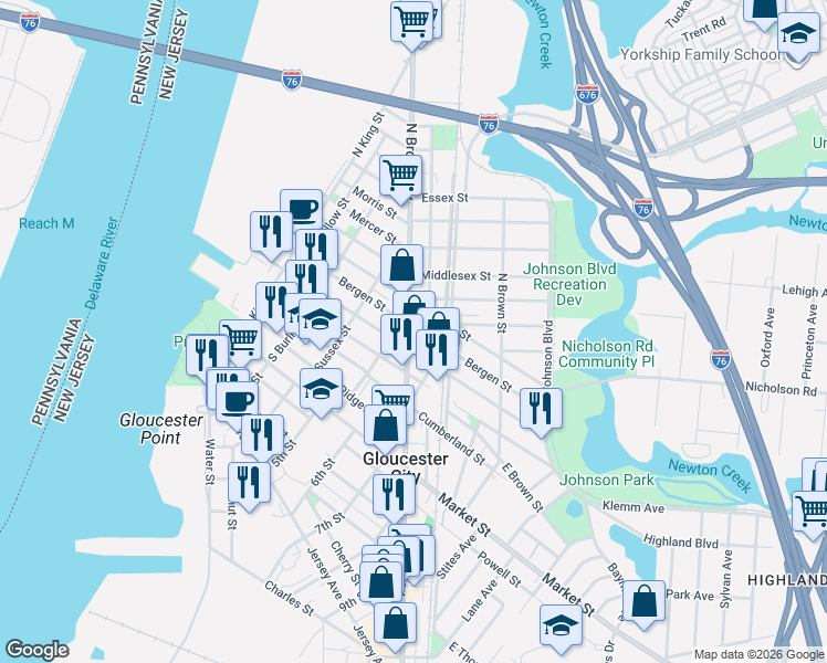 map of restaurants, bars, coffee shops, grocery stores, and more near 14 North Broadway in Gloucester City