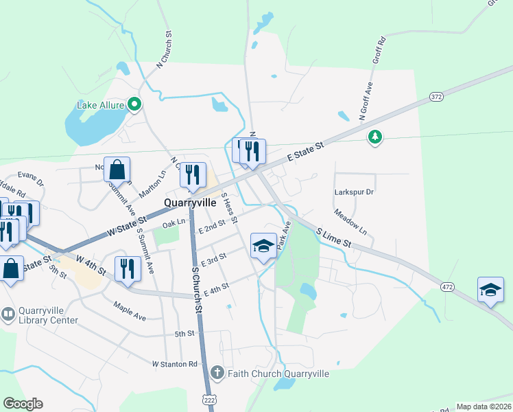 map of restaurants, bars, coffee shops, grocery stores, and more near 114 East 2nd Street in Quarryville