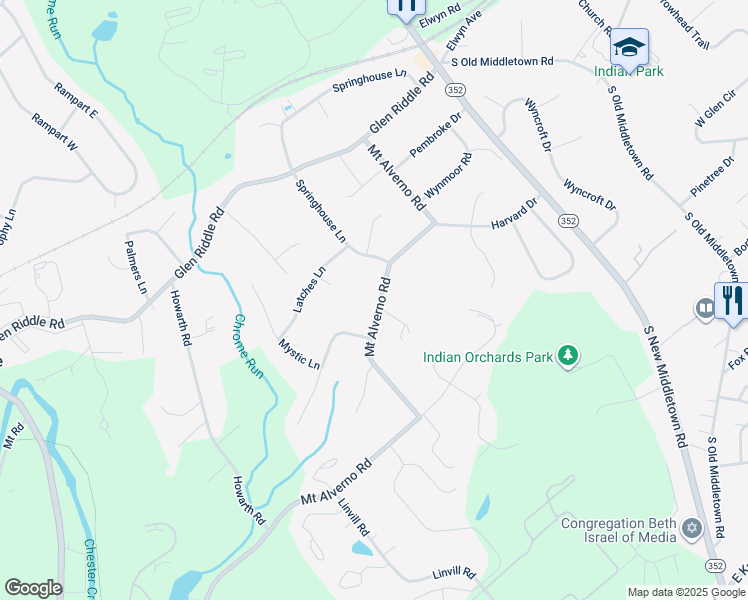 map of restaurants, bars, coffee shops, grocery stores, and more near 348 Mount Alverno Road in Media