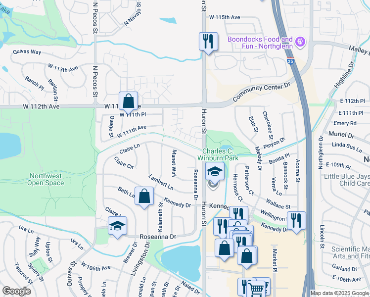 map of restaurants, bars, coffee shops, grocery stores, and more near 945 Claire Lane in Northglenn