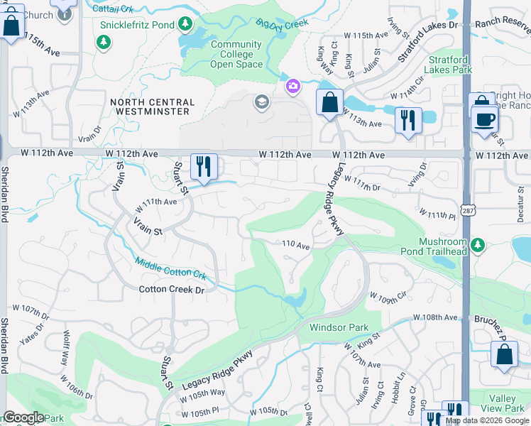 map of restaurants, bars, coffee shops, grocery stores, and more near 3880 West 111th Avenue in Westminster