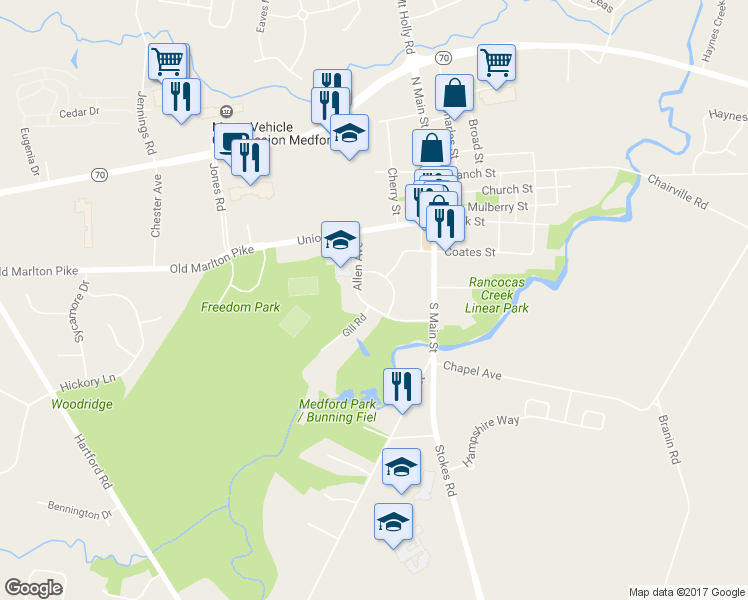 map of restaurants, bars, coffee shops, grocery stores, and more near 25 Allen Avenue in Medford