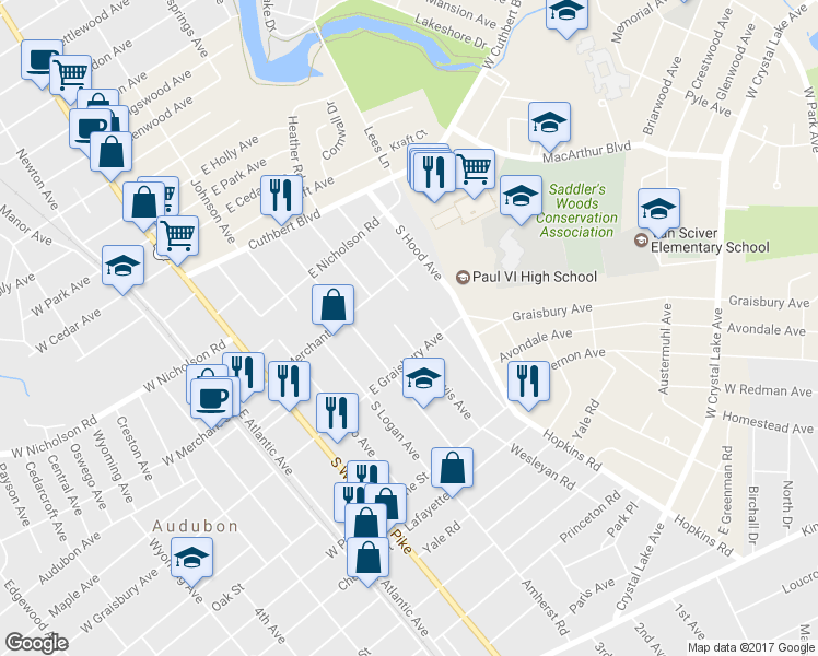 map of restaurants, bars, coffee shops, grocery stores, and more near 139 South Davis Avenue in Audubon