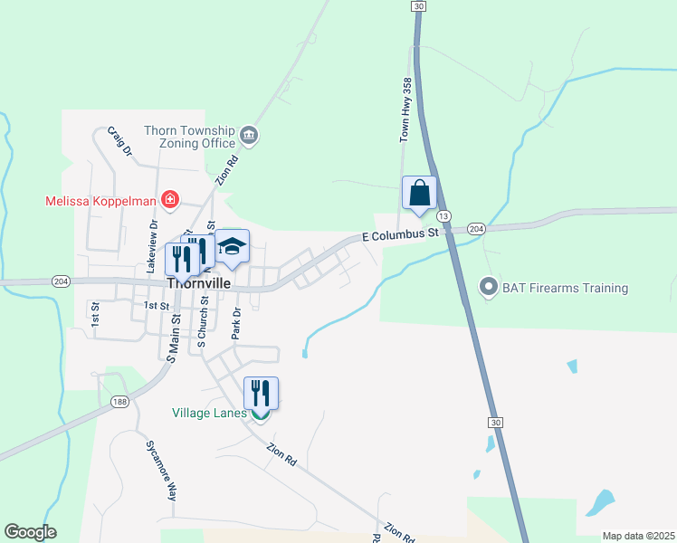 map of restaurants, bars, coffee shops, grocery stores, and more near 220 Longview Drive in Thornville