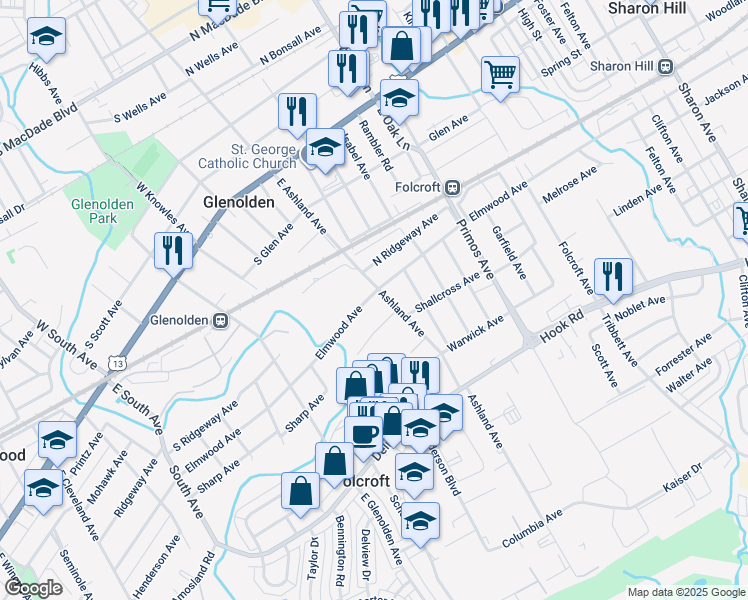 map of restaurants, bars, coffee shops, grocery stores, and more near 1807 Elmwood Avenue in Folcroft