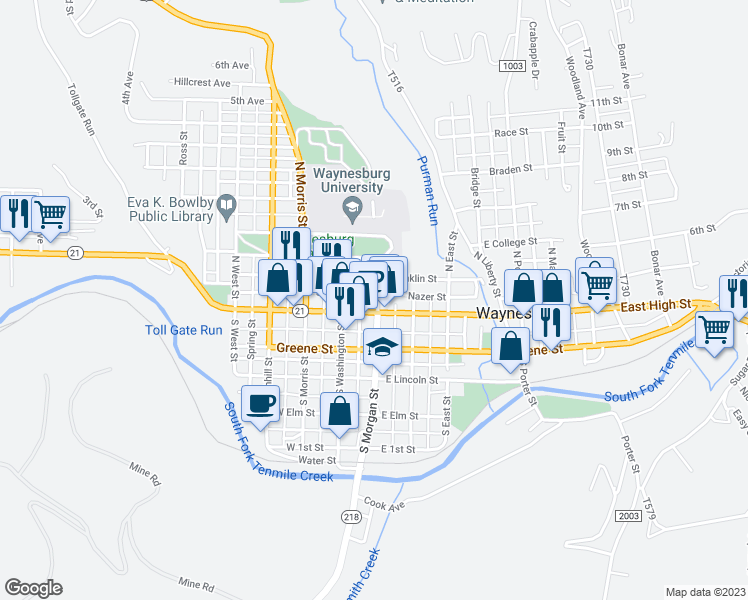 map of restaurants, bars, coffee shops, grocery stores, and more near 25 North Morgan Street in Waynesburg