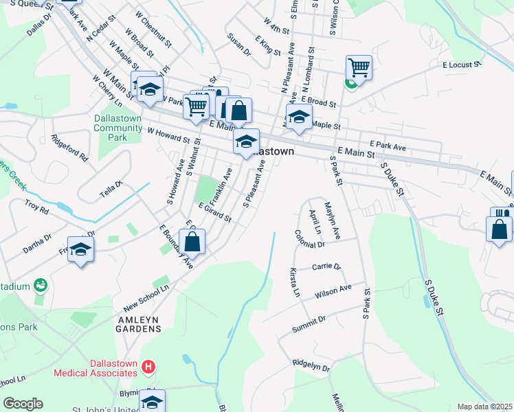 map of restaurants, bars, coffee shops, grocery stores, and more near 227 South Fern Avenue in Dallastown