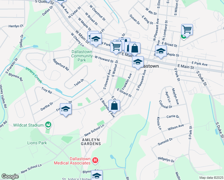 map of restaurants, bars, coffee shops, grocery stores, and more near 269 S Walnut St in Dallastown