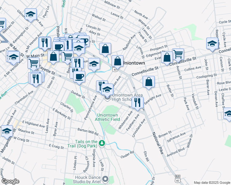 map of restaurants, bars, coffee shops, grocery stores, and more near 72 Stewart Ave in Uniontown