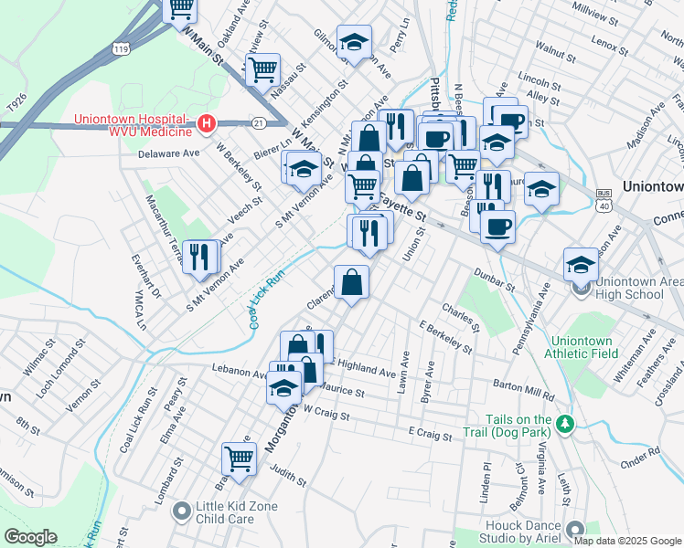 map of restaurants, bars, coffee shops, grocery stores, and more near 98 West Berkeley Street in Uniontown