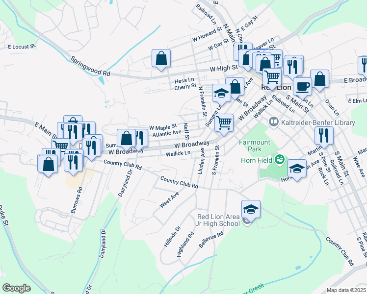 map of restaurants, bars, coffee shops, grocery stores, and more near 548 West Broadway in Red Lion