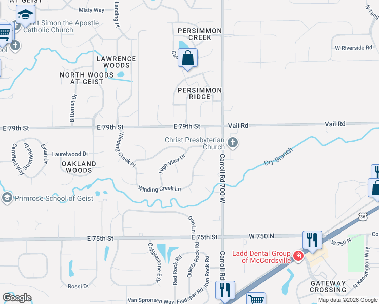map of restaurants, bars, coffee shops, grocery stores, and more near 7817 High View Drive in Indianapolis