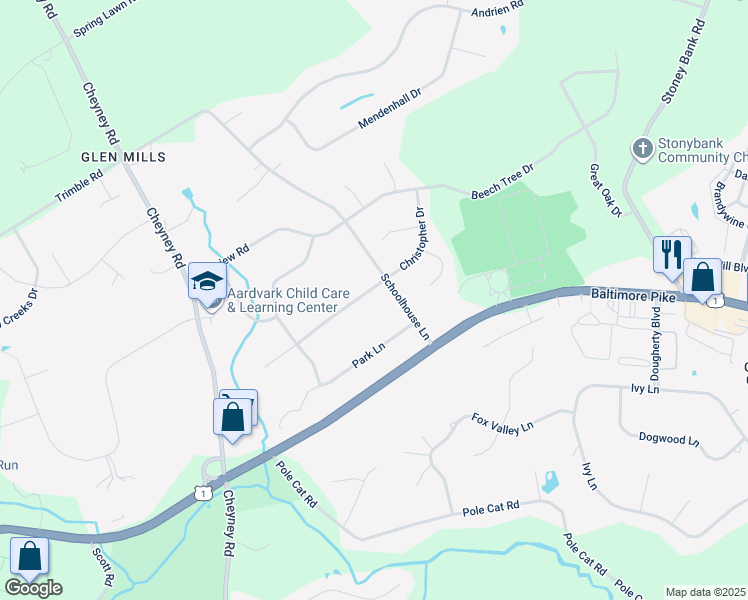 map of restaurants, bars, coffee shops, grocery stores, and more near 16 Hemlock Drive in Glen Mills