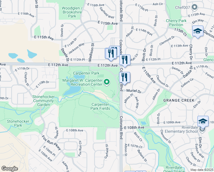 map of restaurants, bars, coffee shops, grocery stores, and more near 11151 Colorado Boulevard in Thornton