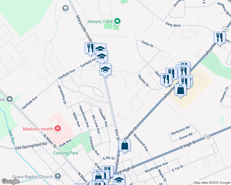map of restaurants, bars, coffee shops, grocery stores, and more near 214 Elm St in London