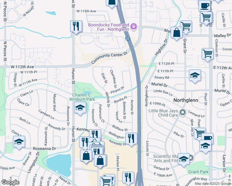 map of restaurants, bars, coffee shops, grocery stores, and more near 11042 Pinyon Drive in Northglenn