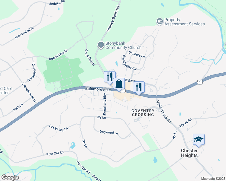 map of restaurants, bars, coffee shops, grocery stores, and more near 2114 Lydia Hollow Drive in Chester Heights
