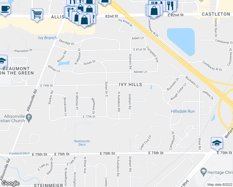 map of restaurants, bars, coffee shops, grocery stores, and more near 7834 North Audubon Road in Indianapolis