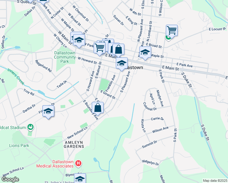map of restaurants, bars, coffee shops, grocery stores, and more near 223 South Charles Street in Dallastown