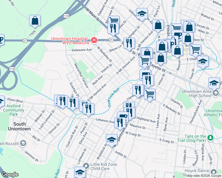 map of restaurants, bars, coffee shops, grocery stores, and more near 72 Railroad Street in Uniontown