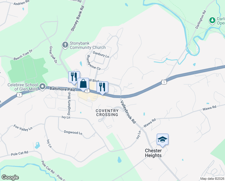 map of restaurants, bars, coffee shops, grocery stores, and more near 4 Stonehaven Circle in Glen Mills