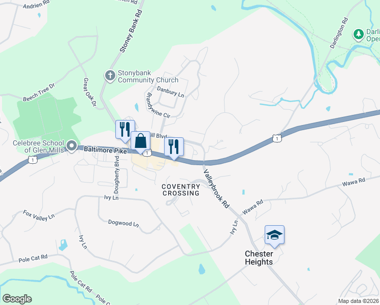 map of restaurants, bars, coffee shops, grocery stores, and more near 4 Stonehaven Circle in Glen Mills