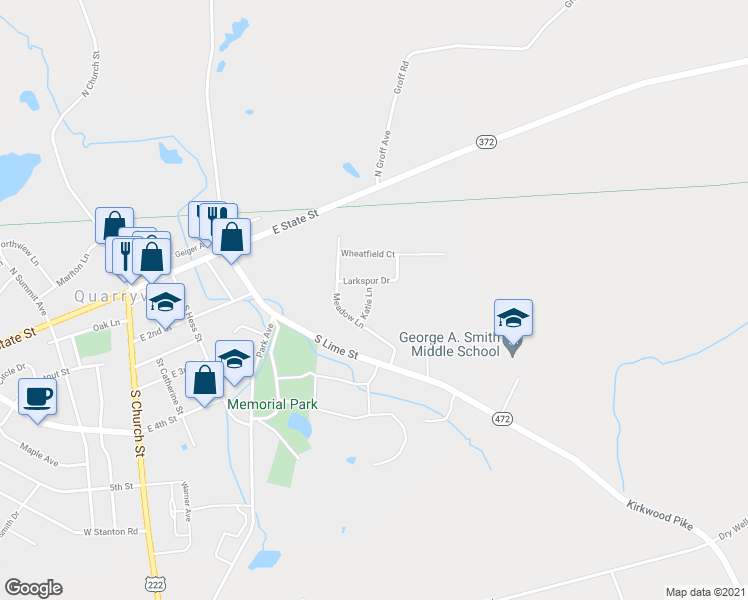 map of restaurants, bars, coffee shops, grocery stores, and more near 206 Katie Lane in Quarryville