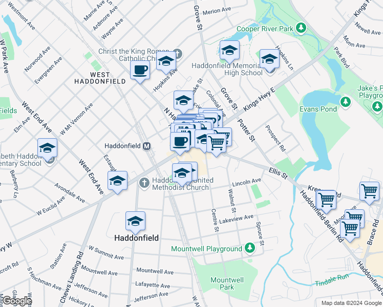 map of restaurants, bars, coffee shops, grocery stores, and more near 124 Kings Highway East in Haddonfield