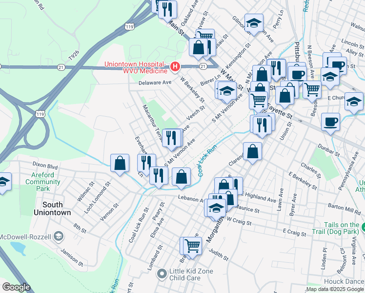 map of restaurants, bars, coffee shops, grocery stores, and more near 172 South Mount Vernon Avenue in Uniontown