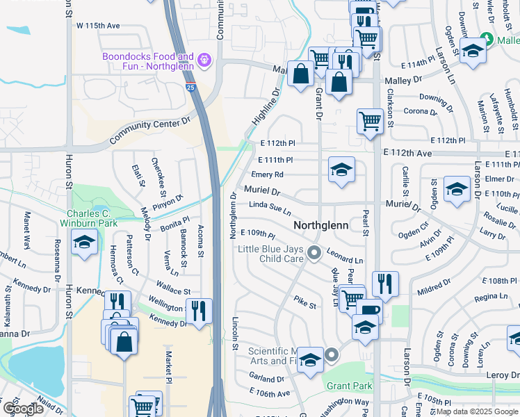 map of restaurants, bars, coffee shops, grocery stores, and more near 182 Linda Sue Lane in Northglenn
