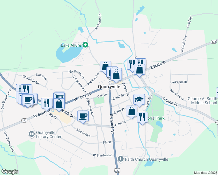 map of restaurants, bars, coffee shops, grocery stores, and more near U.S. 222 in Quarryville