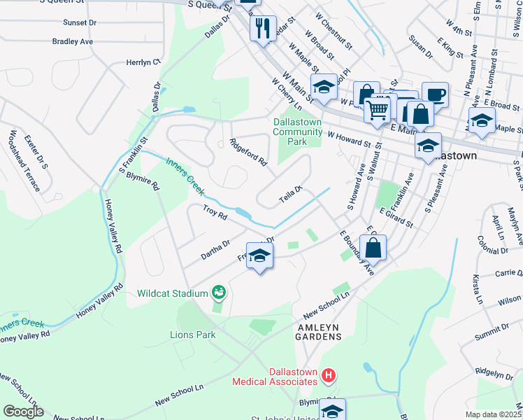 map of restaurants, bars, coffee shops, grocery stores, and more near 136 Teila Drive in Dallastown