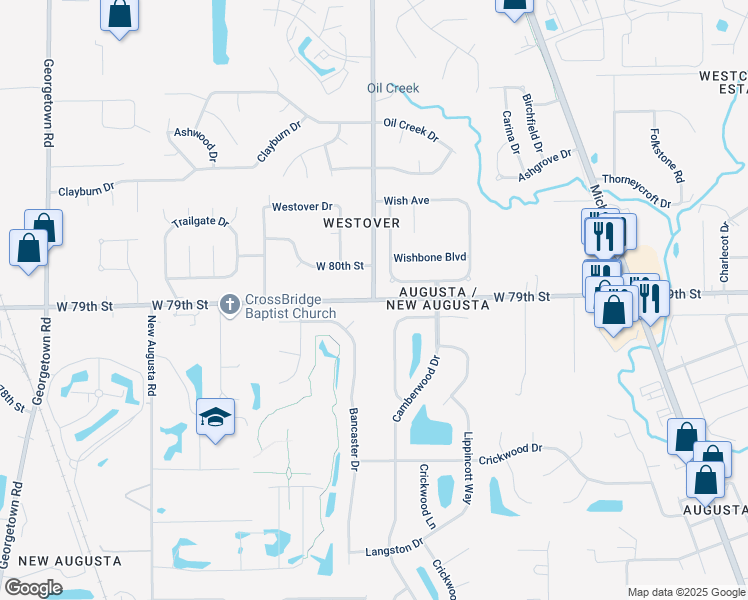 map of restaurants, bars, coffee shops, grocery stores, and more near W 79th St & N Payne Rd in Indianapolis