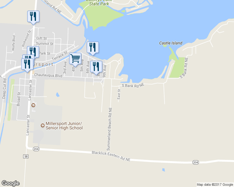 map of restaurants, bars, coffee shops, grocery stores, and more near 11943 East Street in Millersport