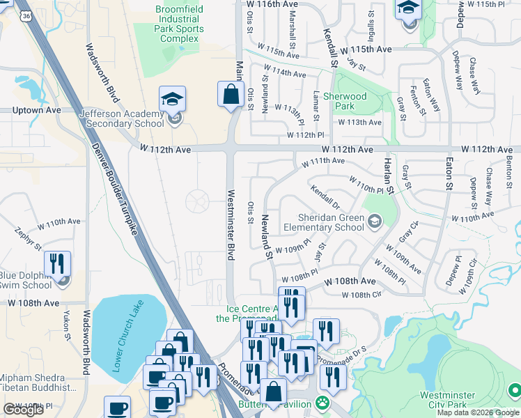 map of restaurants, bars, coffee shops, grocery stores, and more near 11065 Newland Street in Westminster