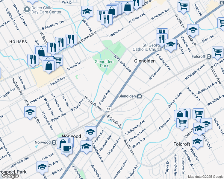map of restaurants, bars, coffee shops, grocery stores, and more near 345 South Scott Avenue in Glenolden