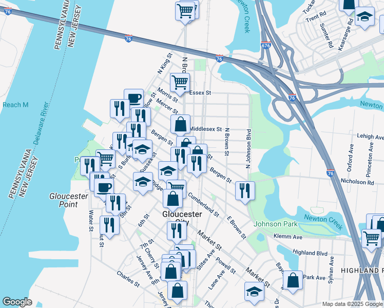 map of restaurants, bars, coffee shops, grocery stores, and more near 512 Paul Street in Gloucester City