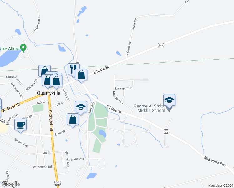 map of restaurants, bars, coffee shops, grocery stores, and more near 308 Meadow Lane in Quarryville