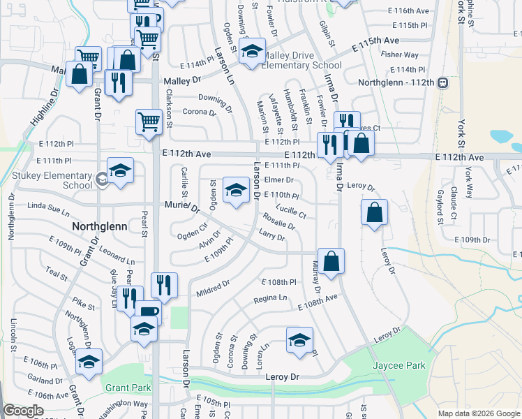 map of restaurants, bars, coffee shops, grocery stores, and more near 11082 Rosalie Drive in Northglenn