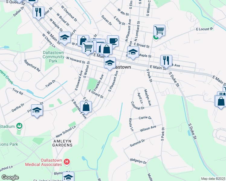 map of restaurants, bars, coffee shops, grocery stores, and more near 227 South Fern Avenue in Dallastown
