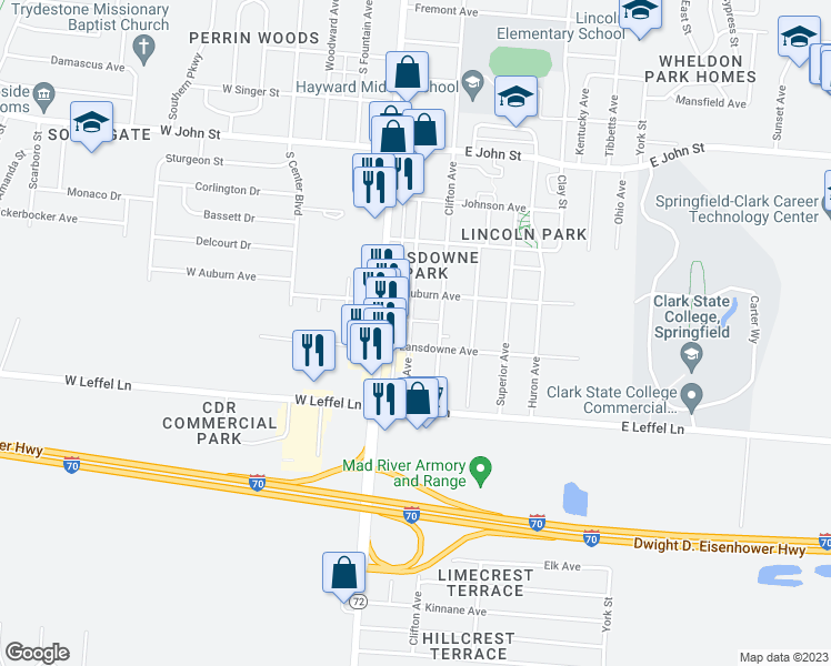 map of restaurants, bars, coffee shops, grocery stores, and more near 2132 Erie Avenue in Springfield