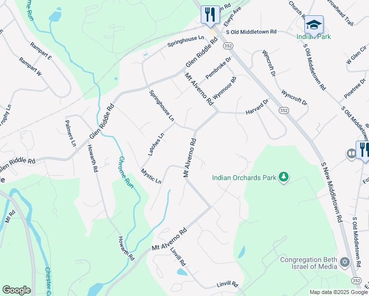 map of restaurants, bars, coffee shops, grocery stores, and more near 348 Mount Alverno Road in Media
