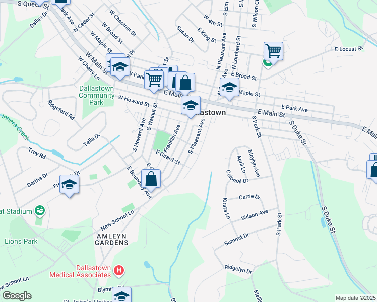 map of restaurants, bars, coffee shops, grocery stores, and more near 234 South Pleasant Avenue in Dallastown