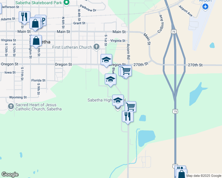 map of restaurants, bars, coffee shops, grocery stores, and more near 751 Blue Jay Drive in Sabetha