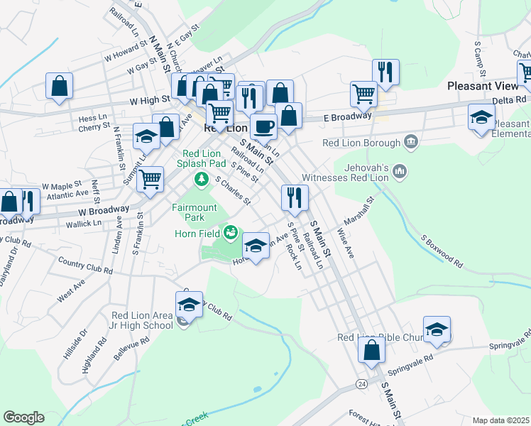 map of restaurants, bars, coffee shops, grocery stores, and more near 423 S Charles St in Red Lion